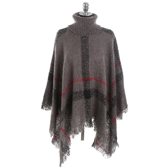 ❣️SALE❣️NEW!Plaid poncho turtleneck gray-brown plaid - Picture 3 of 14